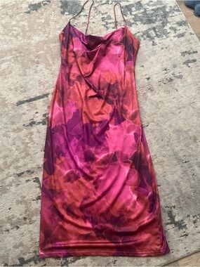 Showpo Pink & Red Slip Midi Dress with Watercolor Floral Print Size 12